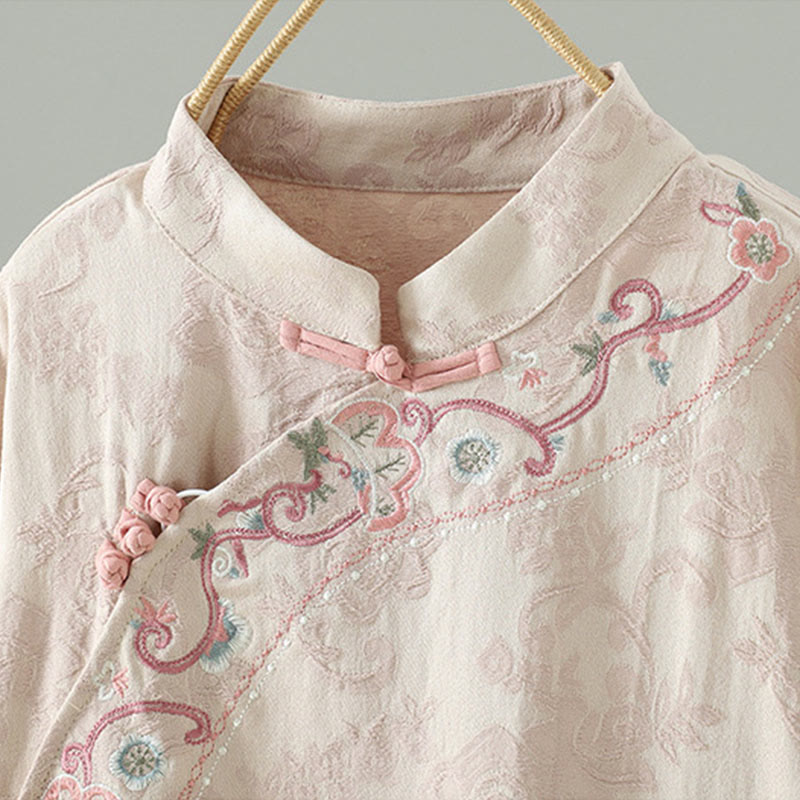 Buddha Stones Stand Collar Frog-Button Flower Pattern Embroidery Design Long Sleeve Cotton Midi Dress - image 2