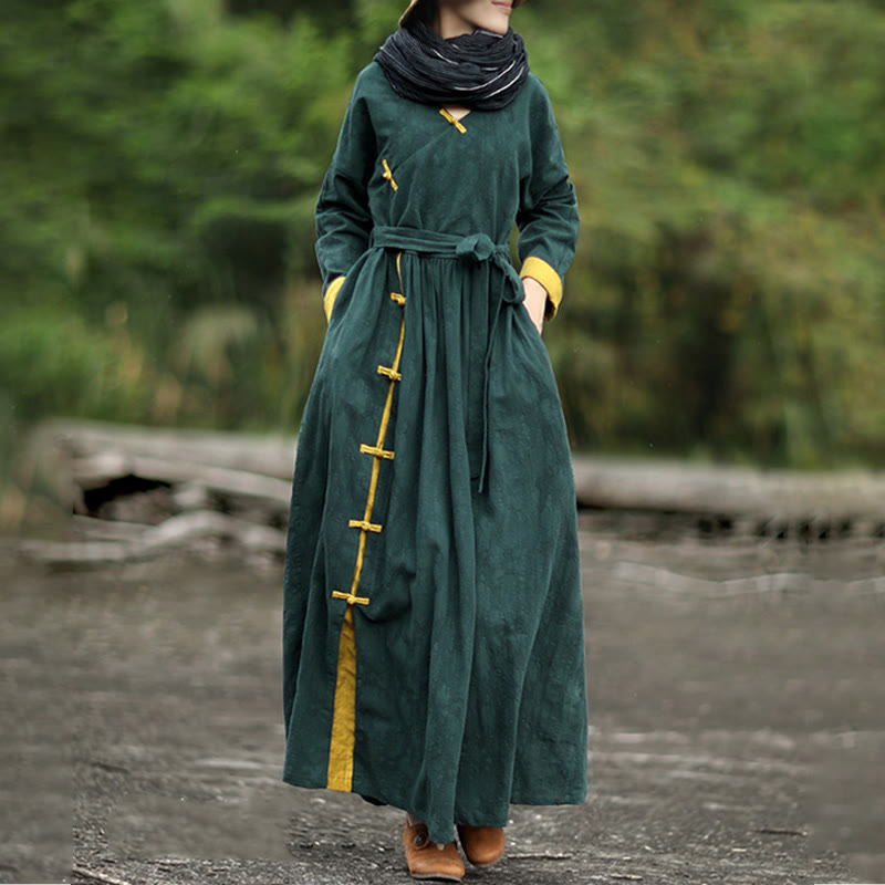 Buddha Stones Frog-Button Plain V-Neck Long Sleeve Cotton Midi Dress With Pockets - image 3