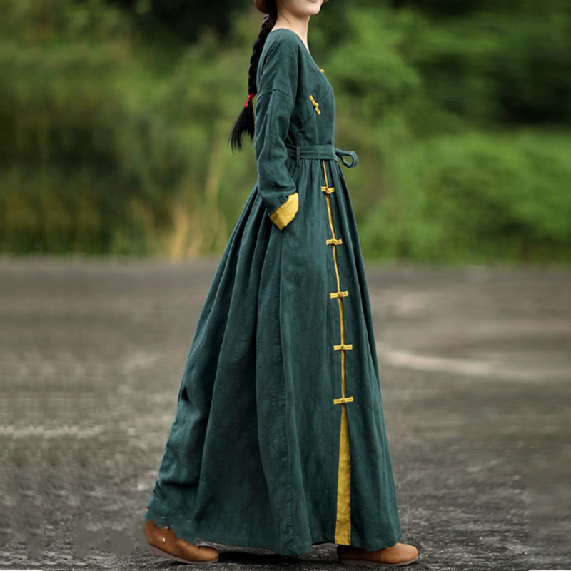 Buddha Stones Frog-Button Plain V-Neck Long Sleeve Cotton Midi Dress With Pockets - image 4