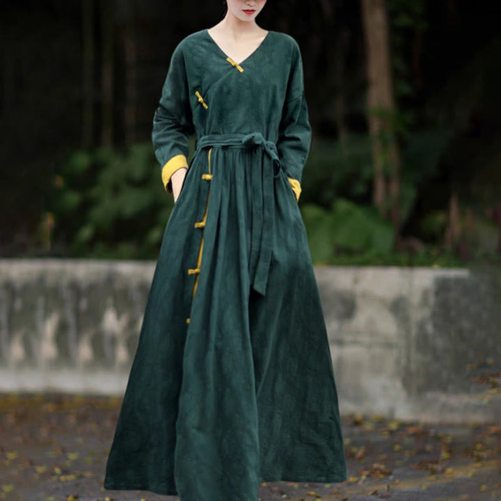 Buddha Stones Frog-Button Plain V-Neck Long Sleeve Cotton Midi Dress With Pockets - DarkGreen - US8-10，UK/AU12-14，EU40-42 (2XL) - image 0
