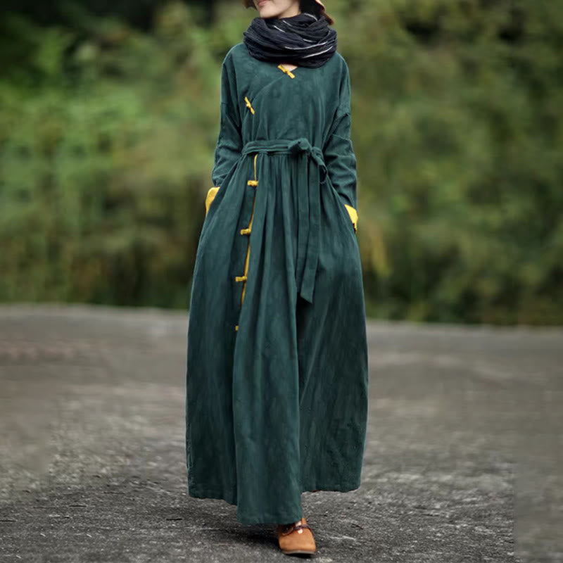 Buddha Stones Frog-Button Plain V-Neck Long Sleeve Cotton Midi Dress With Pockets - image 2