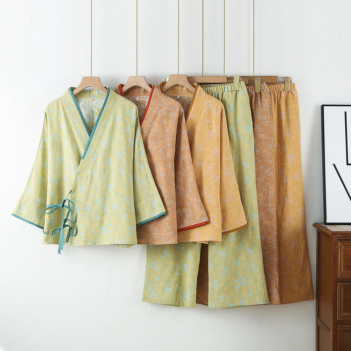 Buddha Stones 2pcs Colorful Floral Leaf Long Sleeve V-Neck Shirt Pants Cotton Pajamas Set With Pockets - image 13