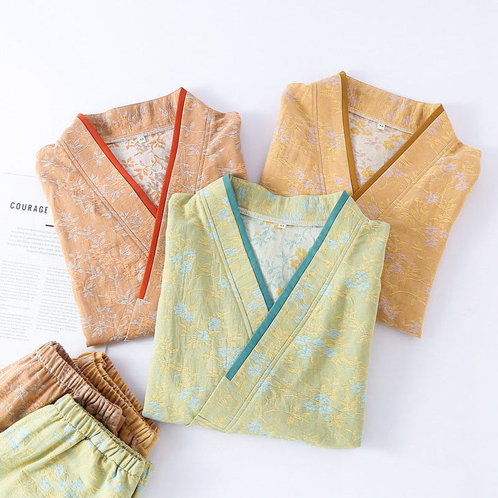 Buddha Stones 2pcs Colorful Floral Leaf Long Sleeve V-Neck Shirt Pants Cotton Pajamas Set With Pockets - image 14