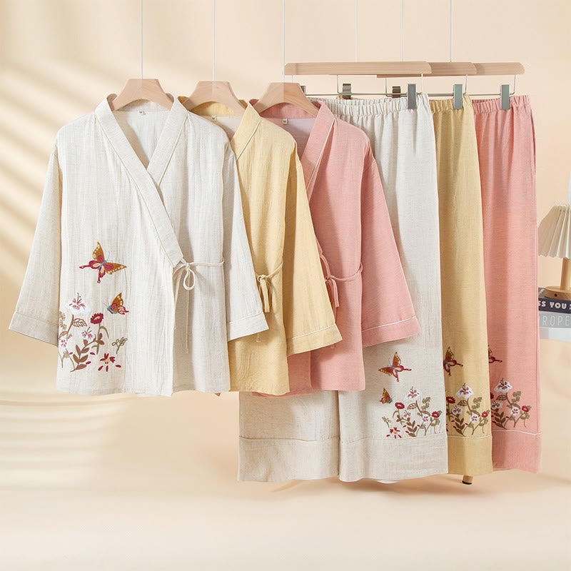 Buddha Stones 2pcs Colorful Floral Butterfly Long Sleeve V-Neck Shirt Pants Cotton Pajamas Set With Pockets - image 7