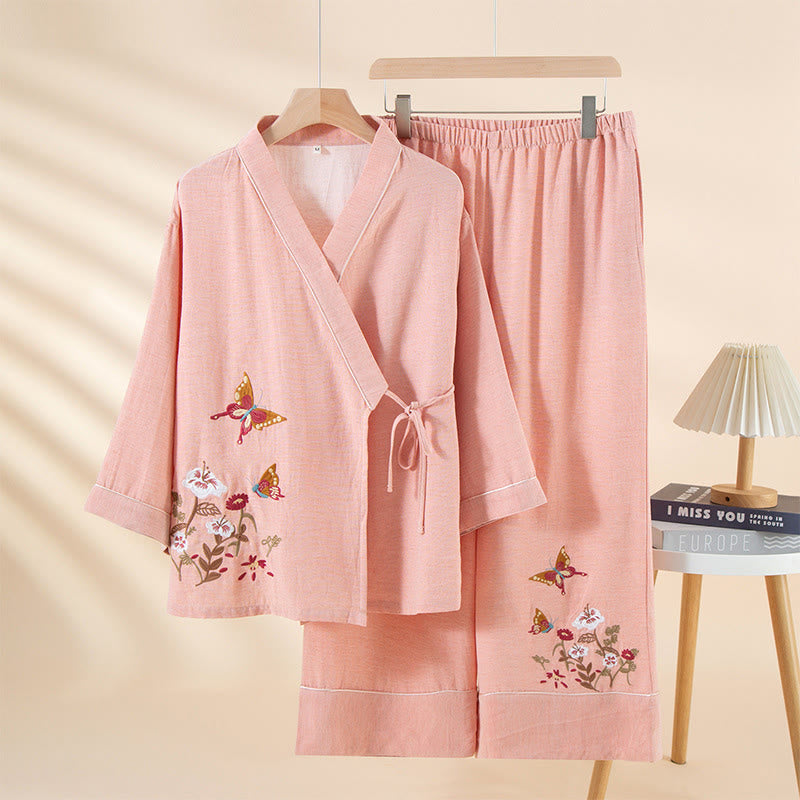 Buddha Stones 2pcs Colorful Floral Butterfly Long Sleeve V-Neck Shirt Pants Cotton Pajamas Set With Pockets - LightPink - US6，UK/AU10，EU38 (XL) - image 6