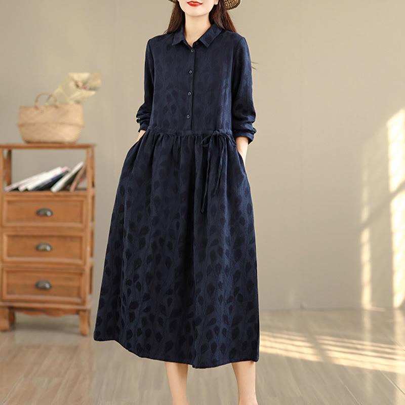 Buddha Stones Leaf Pattern Stand Collar Long Sleeve Cotton Midi Dress With Pockets - image 12