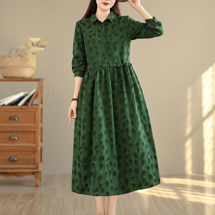 Buddha Stones Leaf Pattern Stand Collar Long Sleeve Cotton Midi Dress With Pockets - DarkGreen - US8-10，UK/AU12-14，EU40-42 (2XL) - image 0