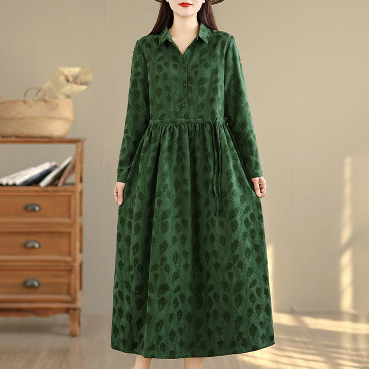 Buddha Stones Leaf Pattern Stand Collar Long Sleeve Cotton Midi Dress With Pockets - image 3