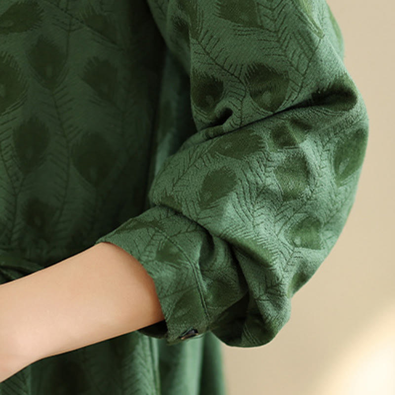 Buddha Stones Leaf Pattern Stand Collar Long Sleeve Cotton Midi Dress With Pockets - image 6