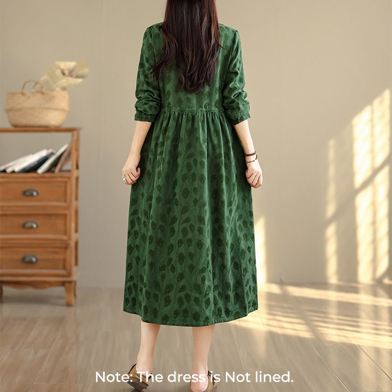 Buddha Stones Leaf Pattern Stand Collar Long Sleeve Cotton Midi Dress With Pockets - image 1
