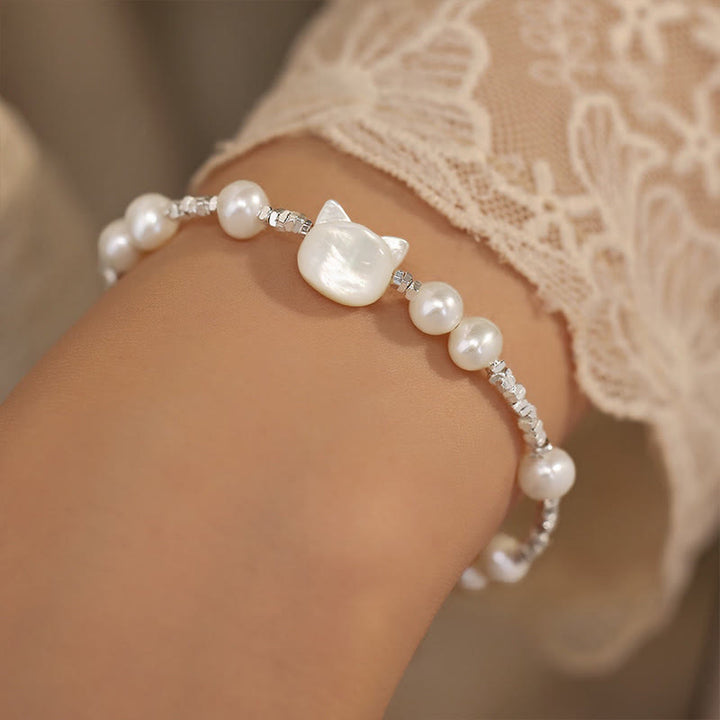 Buddha Stones Pearl Cat Head Tridacna Stone Silver Chain Healing Bracelet - image 2
