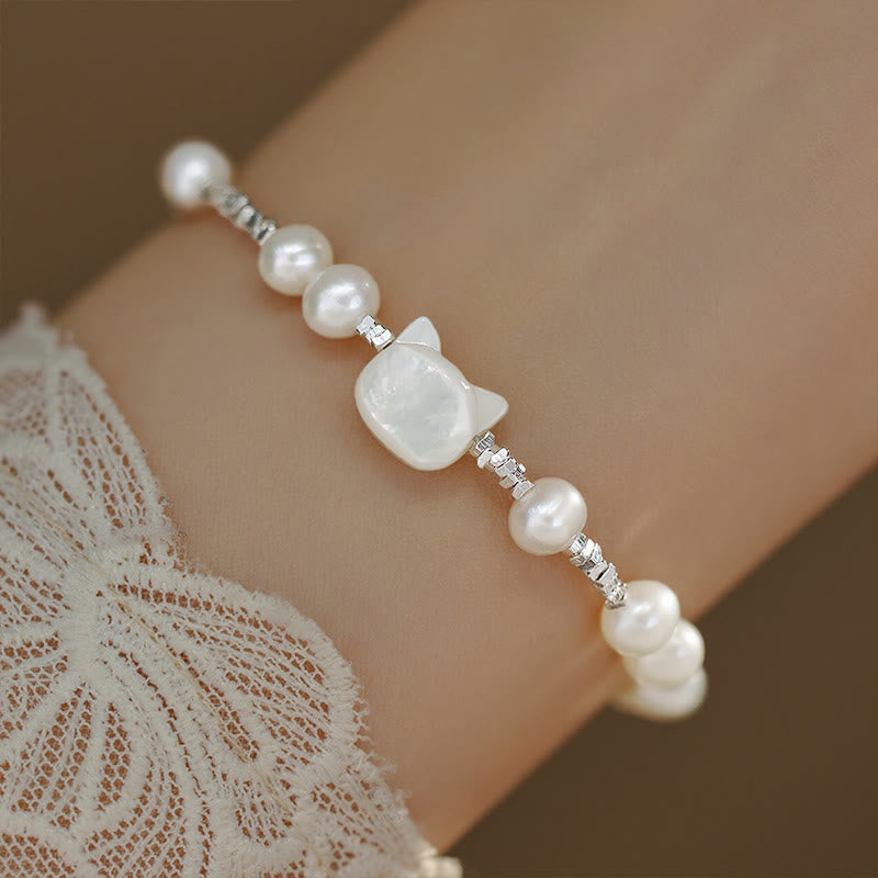 Buddha Stones Pearl Cat Head Tridacna Stone Silver Chain Healing Bracelet - image 1