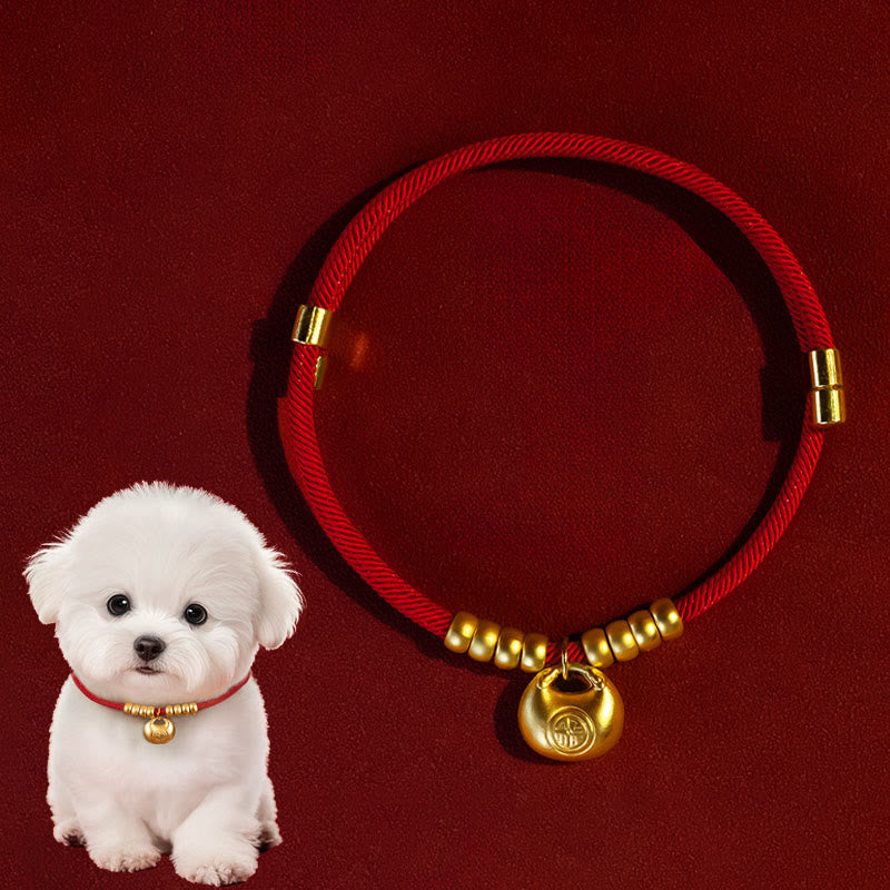 Buddha Stones Red String Bead Protection Adjustable Cats Small Dogs Pet Collar - Ingot Shaped Pendant - 25-50cm - image 0