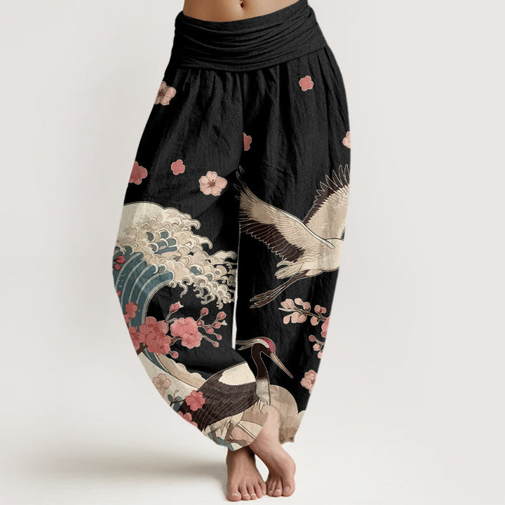 Buddha Stones Pure Cotton Cranes Peach Blossoms Ocean Women's Elastic Waist Harem Pants - Black - US16，UK/AU20，EU48 (3XL) - image 5