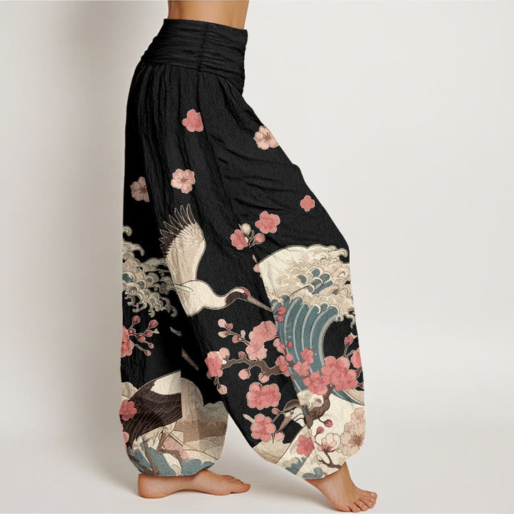 Buddha Stones Pure Cotton Cranes Peach Blossoms Ocean Women's Elastic Waist Harem Pants - image 7