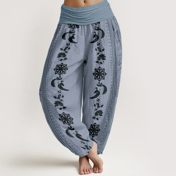 Buddha Stones Pure Cotton Dharma Wheel Lotus OM Pattern Women's Elastic Waist Harem Pants - LightSteelBlue - US22，UK/AU26，EU54 (6XL) - image 0