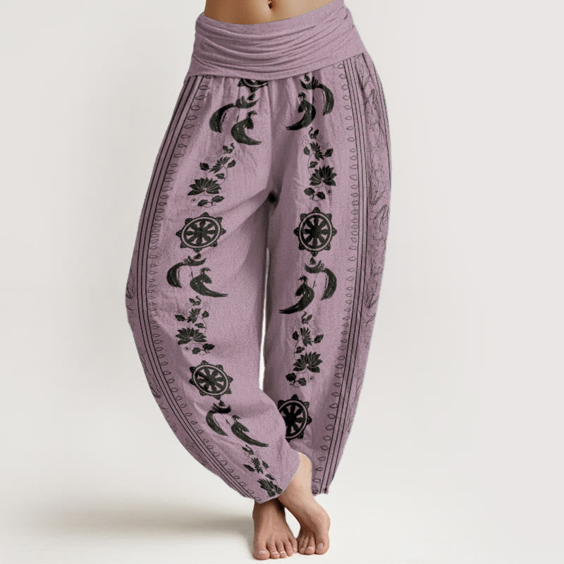 Buddha Stones Pure Cotton Dharma Wheel Lotus OM Pattern Women's Elastic Waist Harem Pants - Violet - US22，UK/AU26，EU54 (6XL) - image 8
