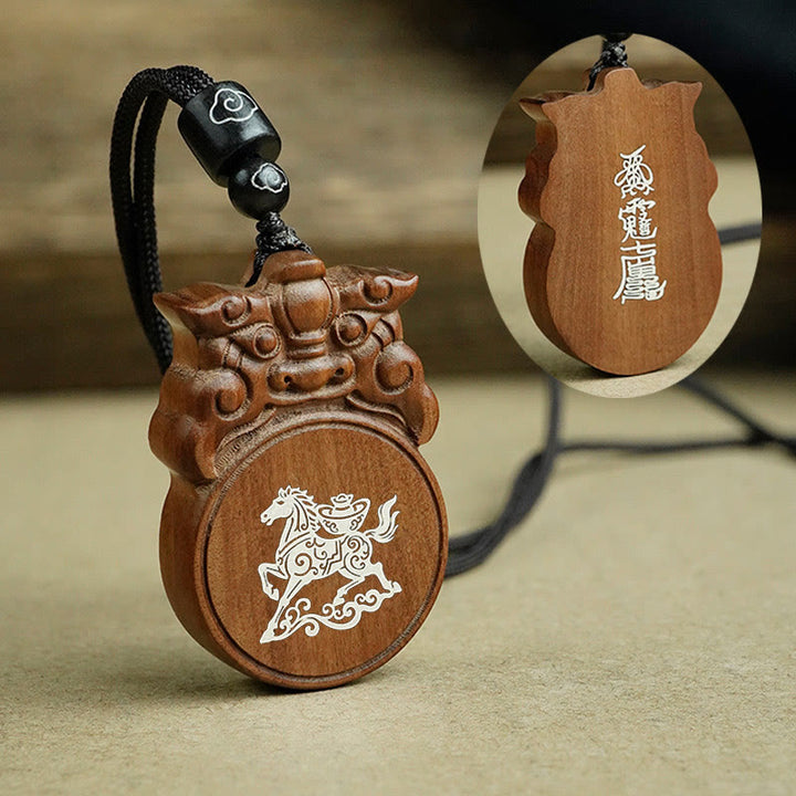 Buddha Stones Year Of The Horse Fu Character Ebony Wood Jujube Wood Balance Necklace Pendants - Jujube Wood Horse Ingot - image 5