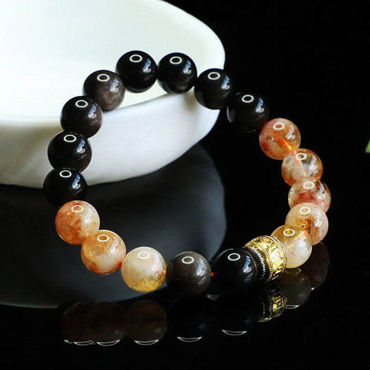Buddha Stones Om Mani Padme Hum Silver Sheen Obsidian Citrine Protection Bracelet - Silver Sheen Obsidian Citrine(Wrist Circumference:15-16 cm) - image 0