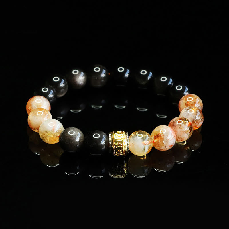 Buddha Stones Om Mani Padme Hum Silver Sheen Obsidian Citrine Protection Bracelet - image 4