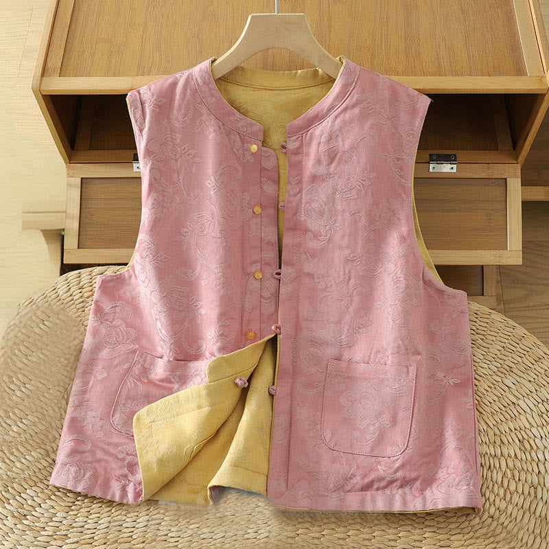 Buddha Stones Flower Pattern Frog-Button Women's Cotton Sleeveless Vest Waistcoat - Pink - US8-10，UK/AU12-14，EU40-42 (2XL) - image 0