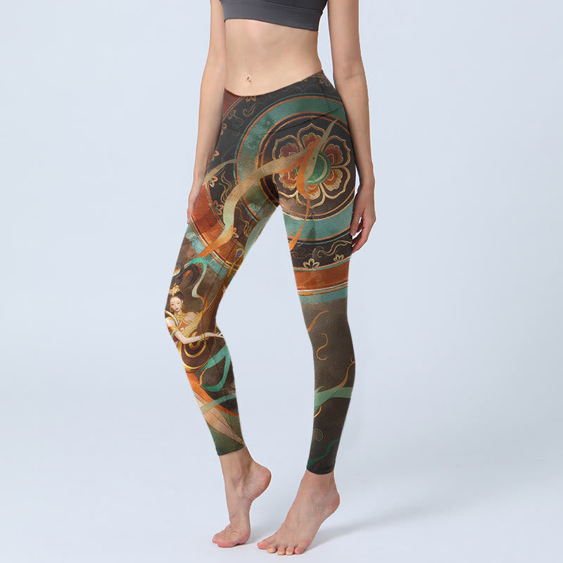 Buddha Stones Colorful Fairy Lute Ribbon Flower Circle Pattern Print Gym Leggings Women's Yoga Pants - SaddleBrown - US18，UK/AU22，EU50 (4XL) - image 0