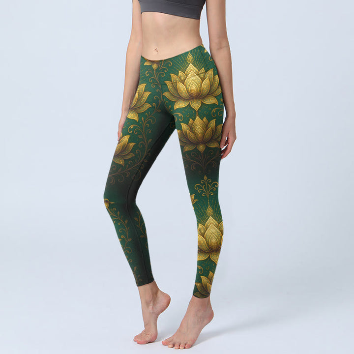 Buddha Stones Golden Lotus Pattern Print Gym Leggings Women's Yoga Pants - DarkGreen - US18，UK/AU22，EU50 (4XL) - image 0