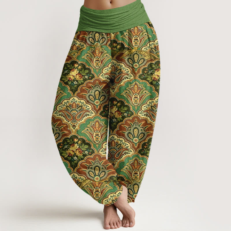 Buddha Stones Cotton Repetitive Fan Shape Flowers Leaves Pattern Women's Elastic Waist Harem Pants - Green - US16，UK/AU20，EU48 (3XL) - image 0