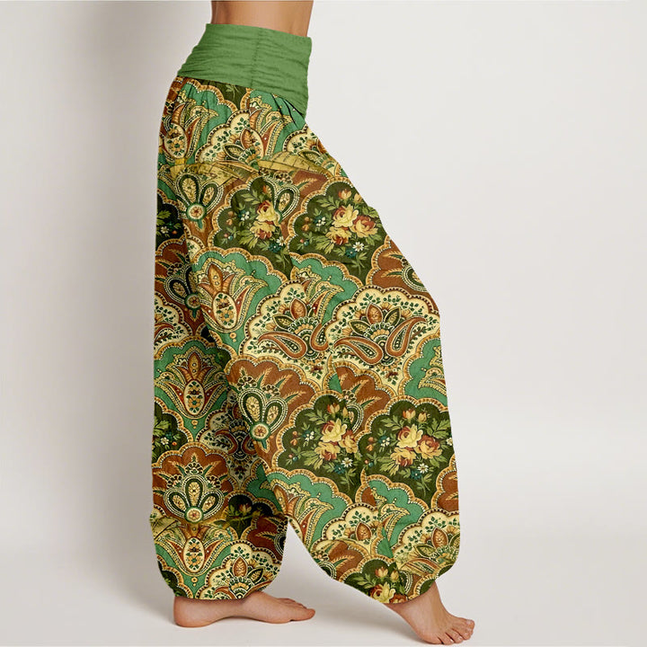Buddha Stones Cotton Repetitive Fan Shape Flowers Leaves Pattern Women's Elastic Waist Harem Pants - image 2