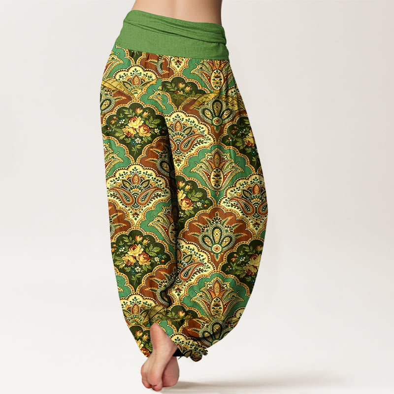 Buddha Stones Cotton Repetitive Fan Shape Flowers Leaves Pattern Women's Elastic Waist Harem Pants - image 1