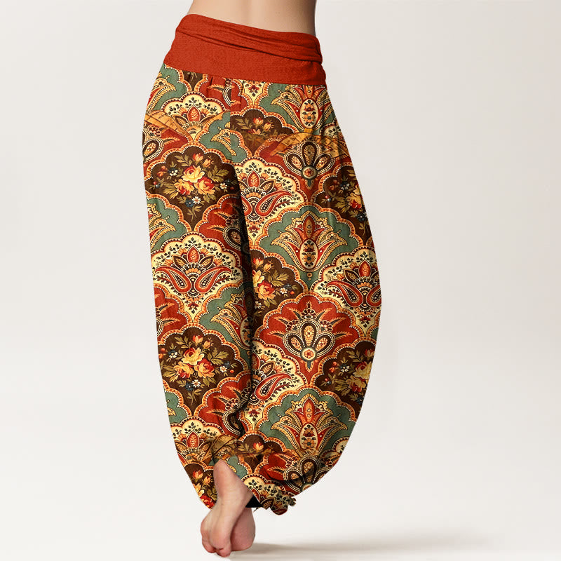 Buddha Stones Cotton Repetitive Fan Shape Flowers Leaves Pattern Women's Elastic Waist Harem Pants - image 9