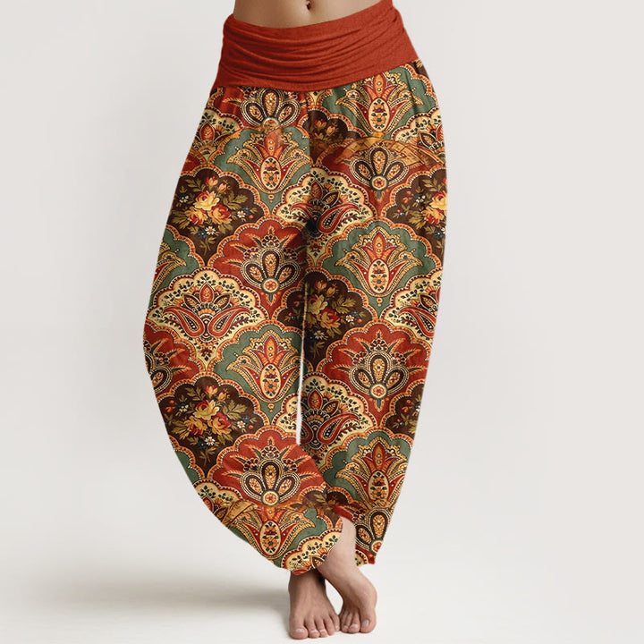 Buddha Stones Cotton Repetitive Fan Shape Flowers Leaves Pattern Women's Elastic Waist Harem Pants - FireBrick - US16，UK/AU20，EU48 (3XL) - image 8