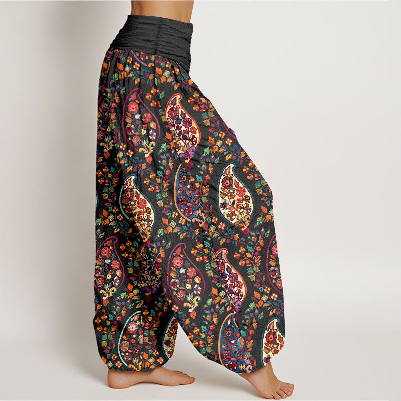 Buddha Stones Cotton Brightly Colored Retro Flowers Leaves Pattern Women's Elastic Waist Harem Pants - image 2
