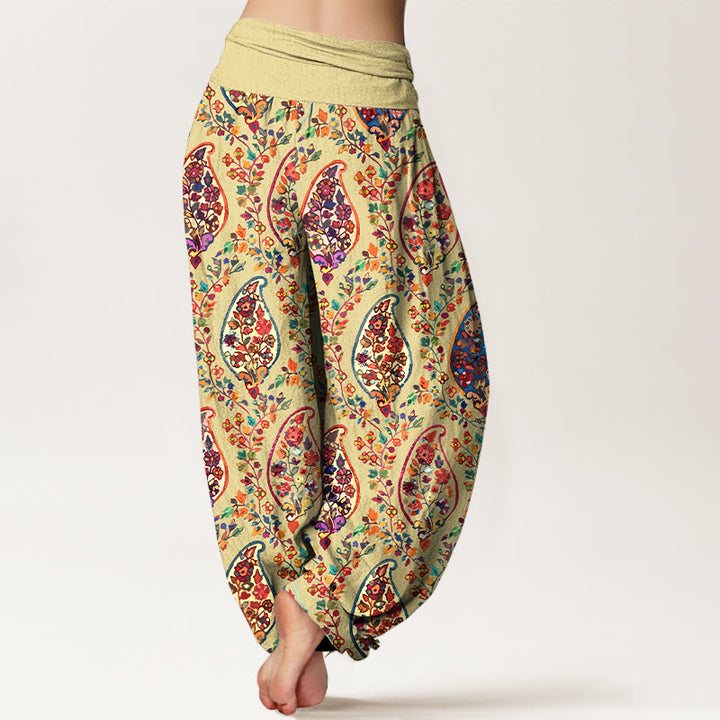 Buddha Stones Cotton Brightly Colored Retro Flowers Leaves Pattern Women's Elastic Waist Harem Pants - image 6