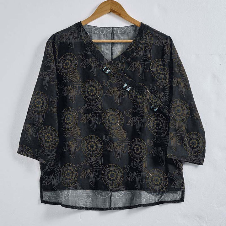 Buddha Stones Spring V-Neck Printed Floral Pattern Women's Long Sleeve Shirt - image 12
