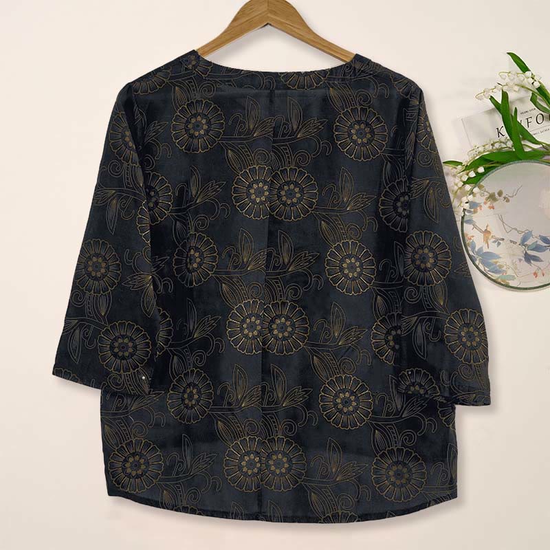 Buddha Stones Spring V-Neck Printed Floral Pattern Women's Long Sleeve Shirt - image 13