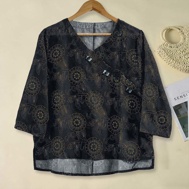 Buddha Stones Spring V-Neck Printed Floral Pattern Women's Long Sleeve Shirt - Black - US8-10，UK/AU12-14，EU40-42 (2XL) - image 11