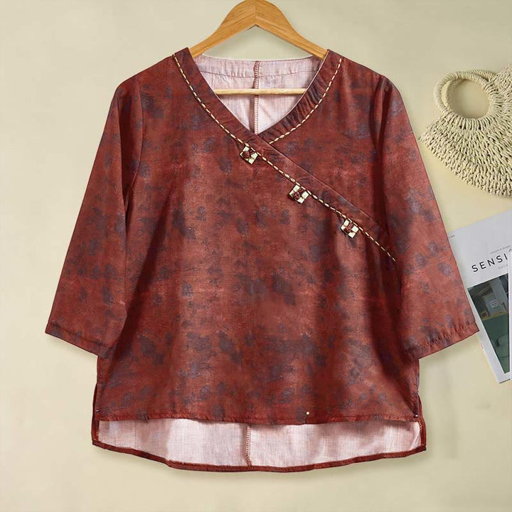 Buddha Stones Spring V-Neck Printed Floral Pattern Women's Long Sleeve Shirt - FireBrick - US8-10，UK/AU12-14，EU40-42 (2XL) - image 14