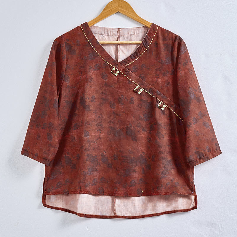 Buddha Stones Spring V-Neck Printed Floral Pattern Women's Long Sleeve Shirt - image 17