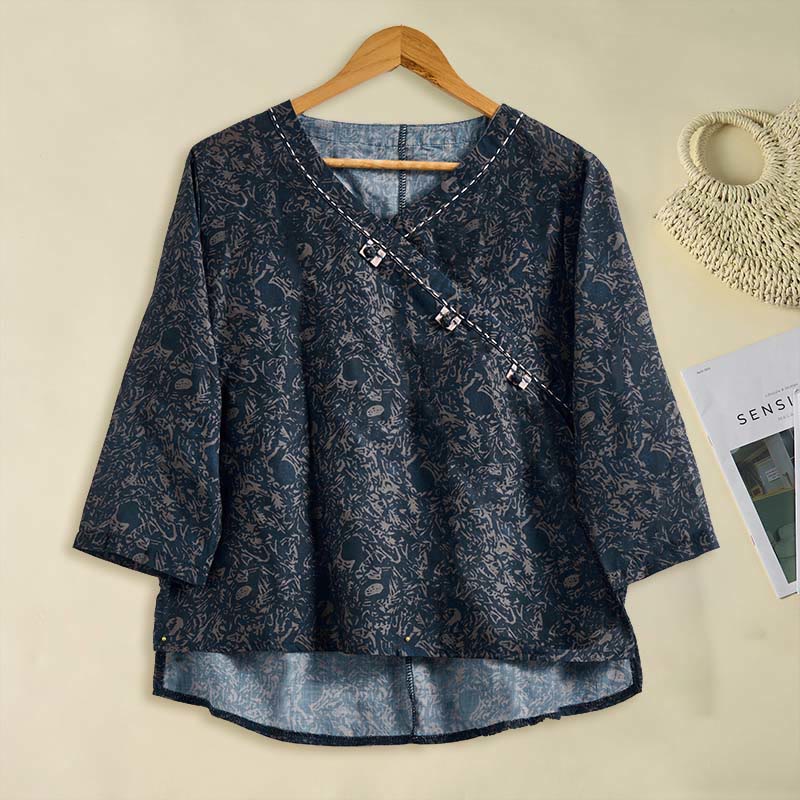 Buddha Stones Spring V-Neck Printed Floral Pattern Women's Long Sleeve Shirt - image 20