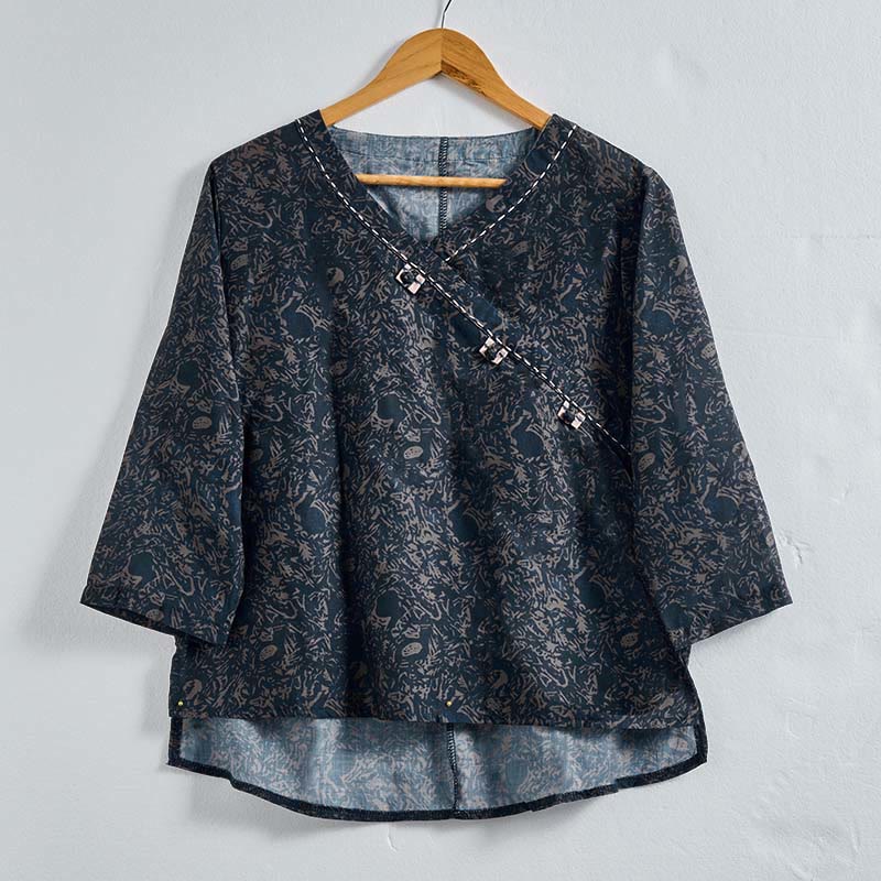 Buddha Stones Spring V-Neck Printed Floral Pattern Women's Long Sleeve Shirt - DarkSlateGray - US8-10，UK/AU12-14，EU40-42 (2XL) - image 18