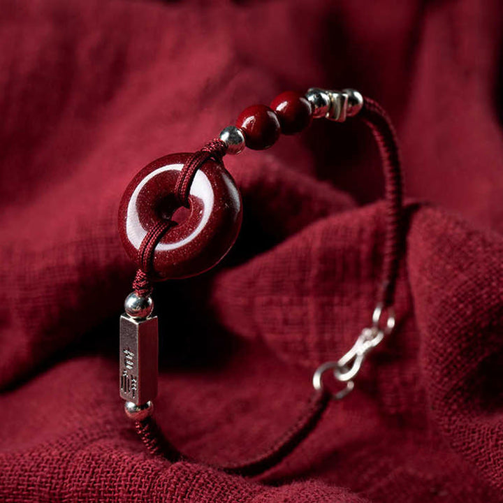 Buddha Stones 925 Sterling Silver Cinnabar Peace Buckle Connection Braid String Bracelet - image 0
