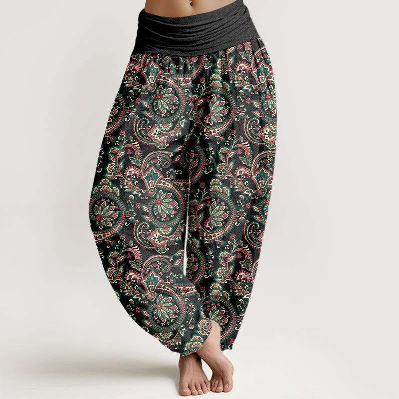 Buddha Stones Cotton Retro Complex Flowers Leaves Vine Pattern Women's Elastic Waist Harem Pants - Black - US16，UK/AU20，EU48 (3XL) - image 0