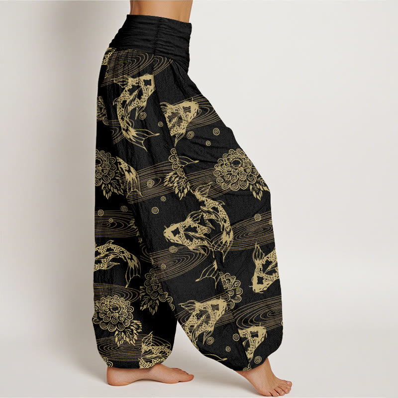Buddha Stones Cotton Exquisite Koi Fish Flowers Leaves Curve Pattern Women's Elastic Waist Harem Pants - image 2