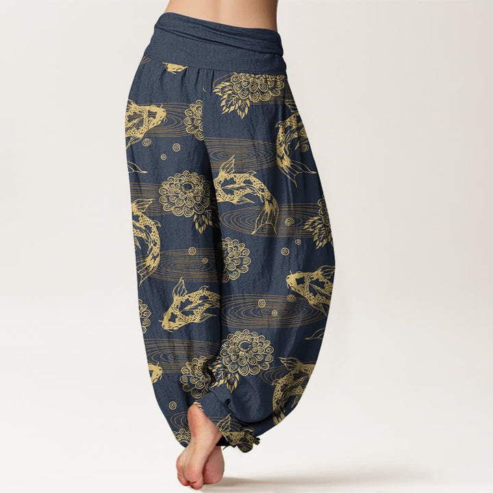 Buddha Stones Cotton Exquisite Koi Fish Flowers Leaves Curve Pattern Women's Elastic Waist Harem Pants - image 9