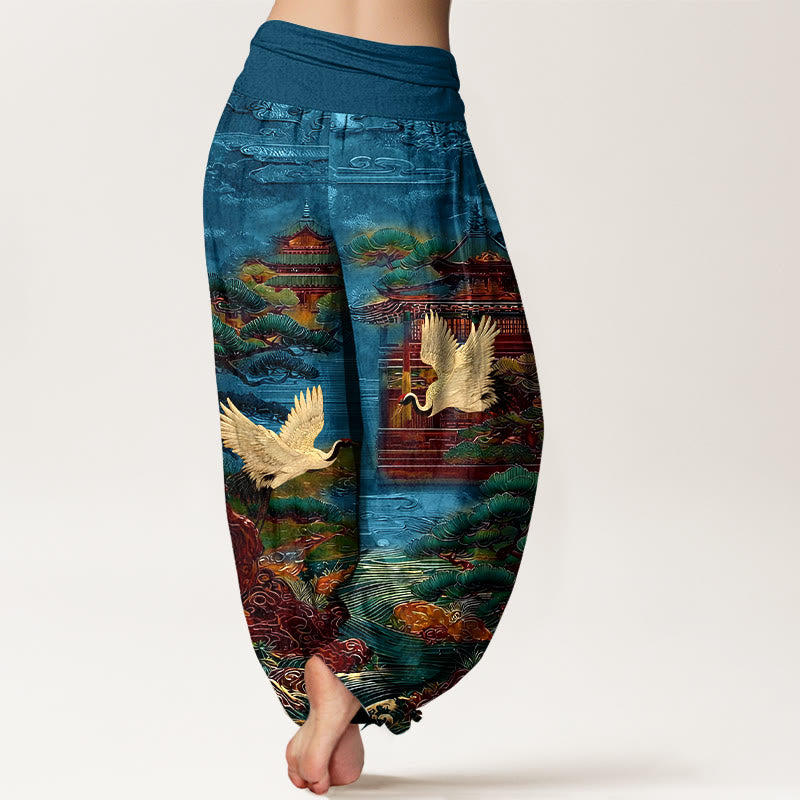 Buddha Stones Cotton Exquisite Crane Architecture Pine Tree Cloud Pattern Women's Elastic Waist Harem Pants - image 1