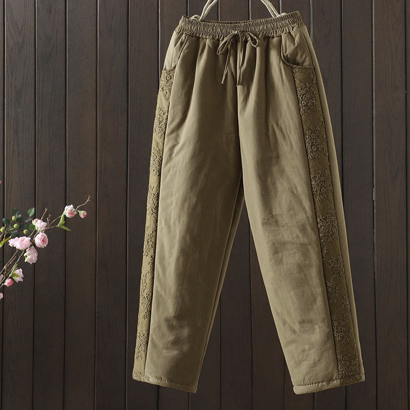 Buddha Stones Flower Pattern Cotton Polyester Embroidery Thick Women's Pants With Pockets - DarkKhaki - US8-10，UK/AU12-14，EU40-42 (2XL) - image 6
