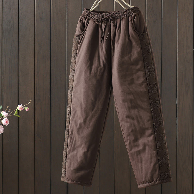 Buddha Stones Flower Pattern Cotton Polyester Embroidery Thick Women's Pants With Pockets - SaddleBrown - US8-10，UK/AU12-14，EU40-42 (2XL) - image 1