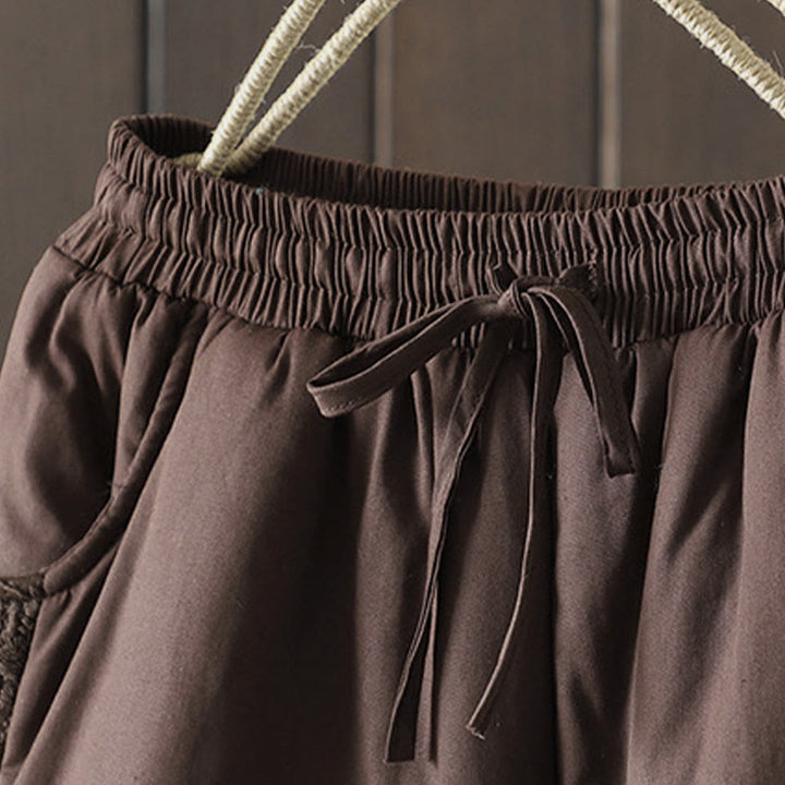 Buddha Stones Flower Pattern Cotton Polyester Embroidery Thick Women's Pants With Pockets - image 2