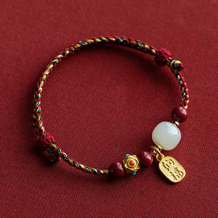 Buddha Stones Lucky Fortune Charm Hetian Cyan Jade White Jade Multicolored Braided String Prosperity Bracelet - Five-Colored String&Hetian White Jade - 17-18cm - image 18